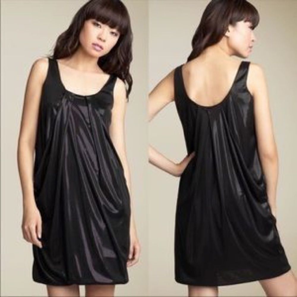 DVF Y2K Slinky Shiny Sleeveless Draped Mini Dress Black 6